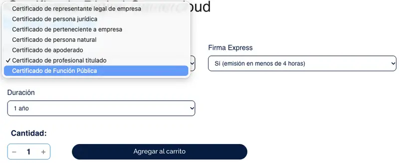 Selector de la tienda de Camerfirma para el certificado digital Camercloud con tipo de certificado, Firma Express y duración