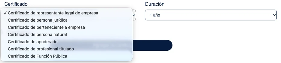 Selector de la tienda de Camerfirma con los tipos de certificado y la duración de Firma Express